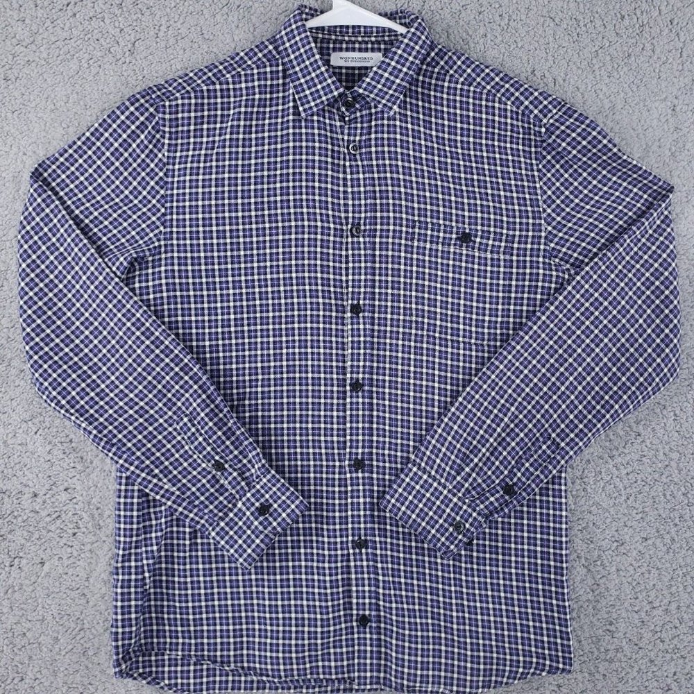 Won Hundred Men's Small Blue Plaid Button Casual Shirt Cotton